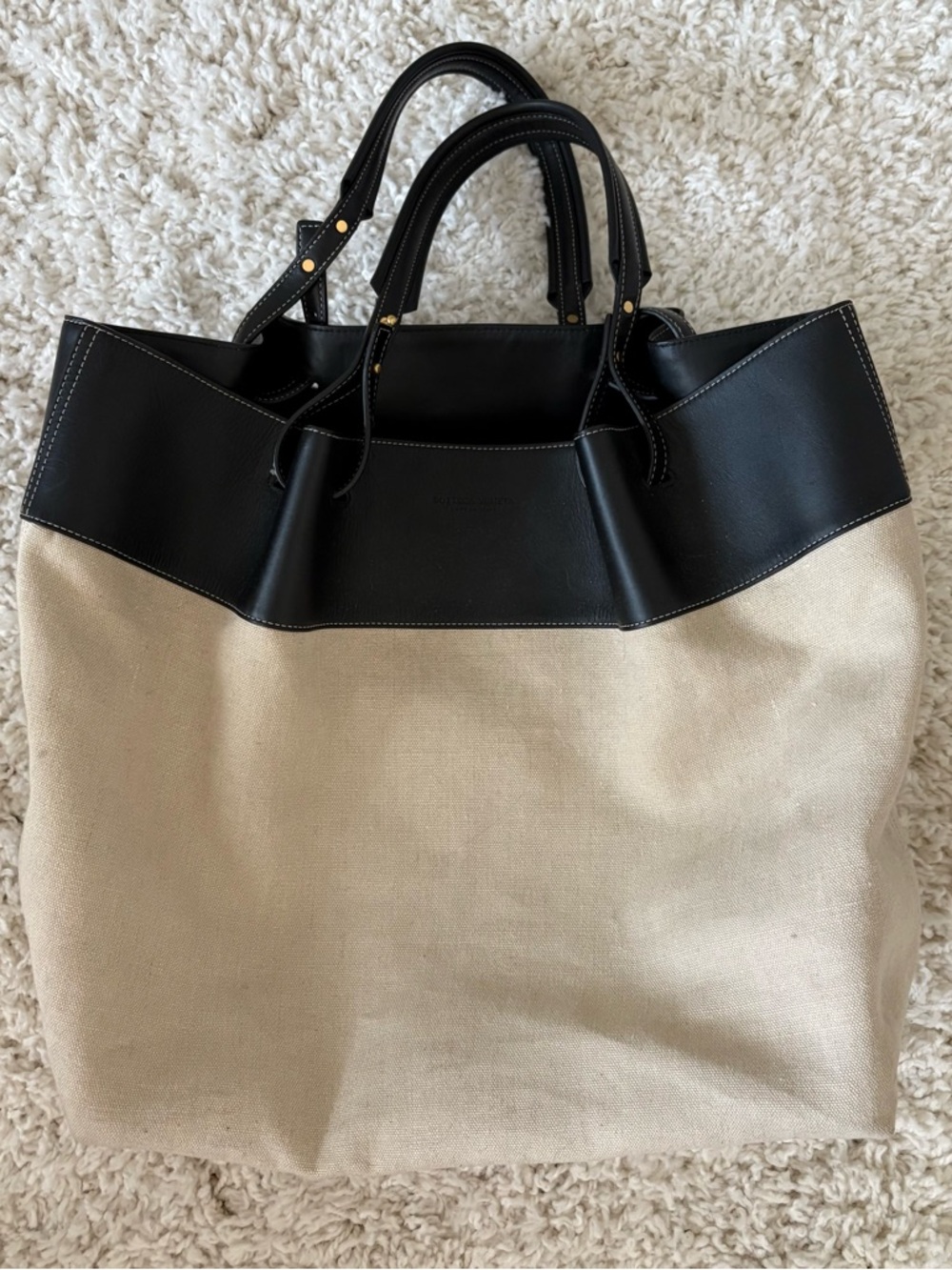 Bottega Veneta Black and Beige Canvas Tote with Leather Trim